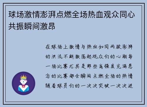 球场激情澎湃点燃全场热血观众同心共振瞬间激昂