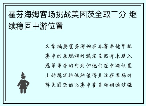 霍芬海姆客场挑战美因茨全取三分 继续稳固中游位置