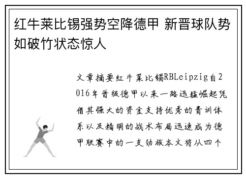 红牛莱比锡强势空降德甲 新晋球队势如破竹状态惊人