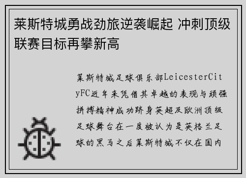 莱斯特城勇战劲旅逆袭崛起 冲刺顶级联赛目标再攀新高