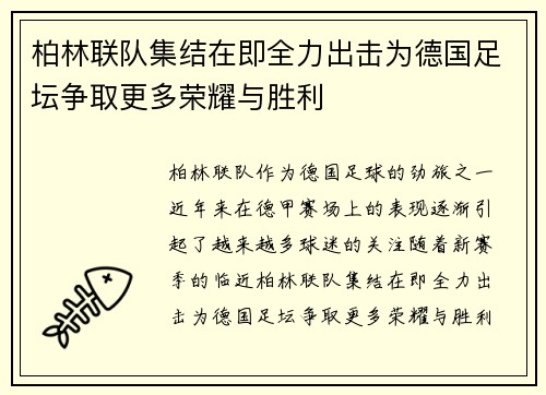 柏林联队集结在即全力出击为德国足坛争取更多荣耀与胜利