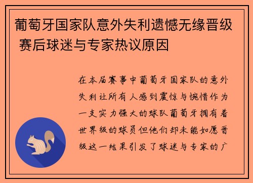 葡萄牙国家队意外失利遗憾无缘晋级 赛后球迷与专家热议原因