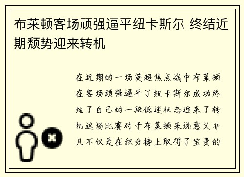 布莱顿客场顽强逼平纽卡斯尔 终结近期颓势迎来转机
