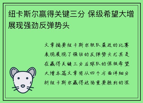 纽卡斯尔赢得关键三分 保级希望大增展现强劲反弹势头